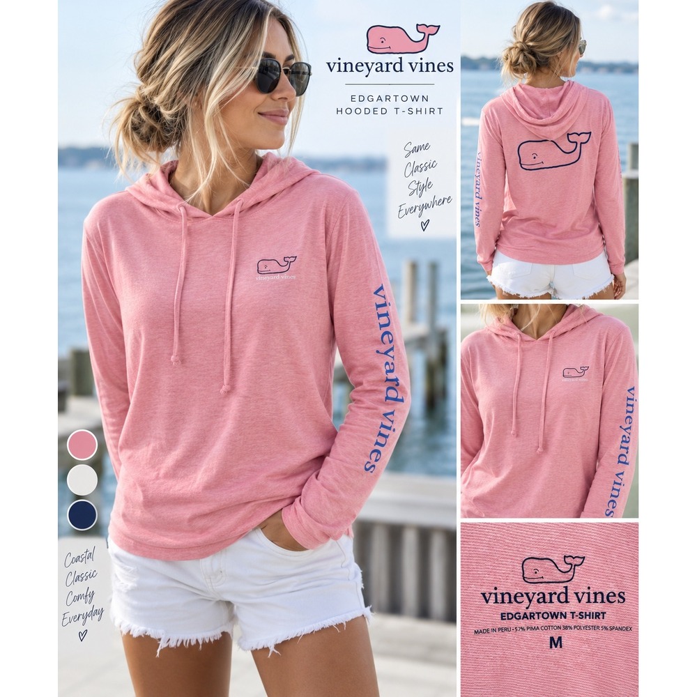 Vineyard Vines Edgartown Hooded T-Shirt Pink Whale Logo Long Sleeve Womens M